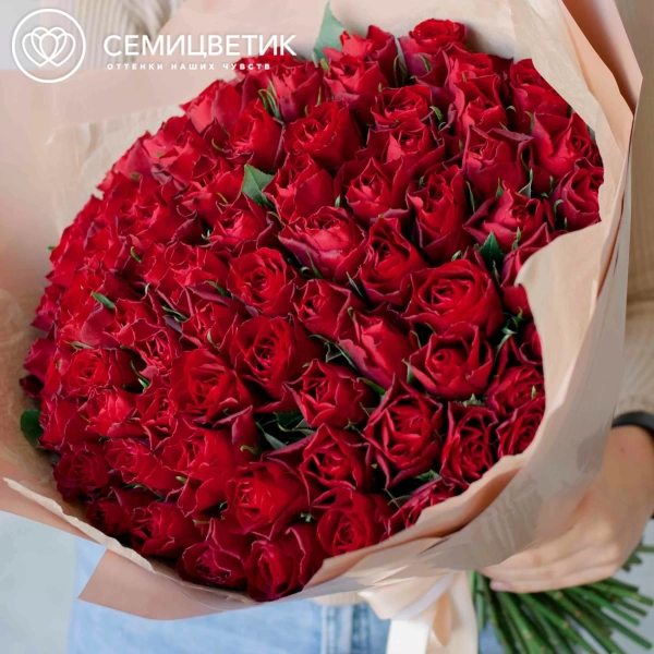 Букет из 75 красных роз 30 см (Кения) в кремовой пленке