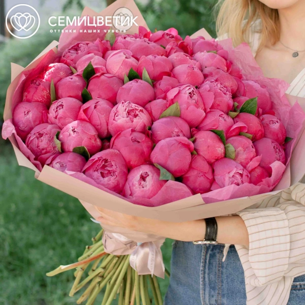 Букет из 51 ярко-розового пиона Command Performance Premium в розовой пленке