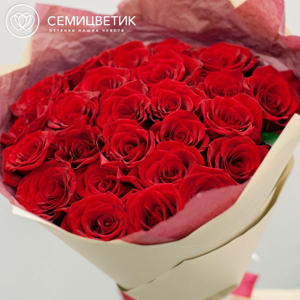 Букет из 25 красных с темной каймой роз (Россия) 40 см