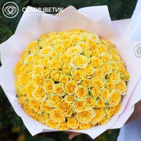 Букет из 101 желтой розы 35-40 см (Россия) в розовой пленке