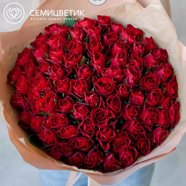 Букет из 75 красных роз 30 см (Кения) в кремовой пленке