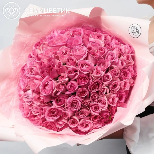 Букет из 101 розовой розы 35-40 см (Россия) в сиреневой пленке