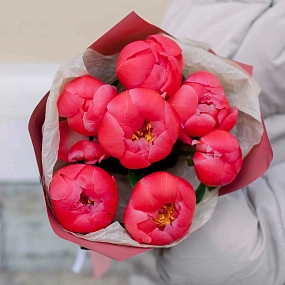 Букет из 7 коралловых пионов Coral Sunset Premium в розовой пленке