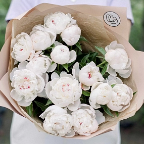 Букет из 15 нежно-розовых пионов Standart в кремовой пленке