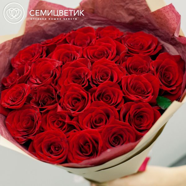 Букет из 25 красных с темной каймой роз (Россия) 40 см