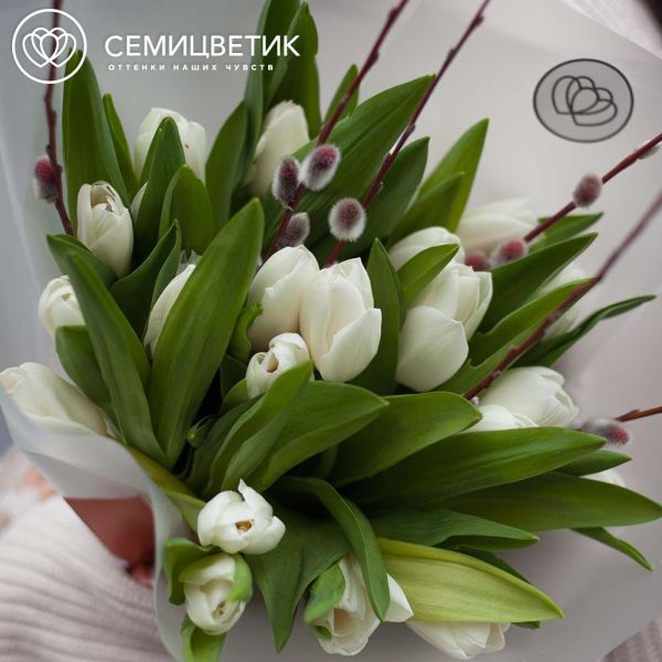 Букет из 25 белых тюльпанов с веточками вербы