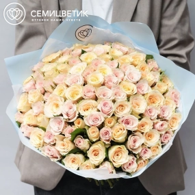 Букет из 101 кремовой и нежно-розовой розы 30 см (Кения) в голубой пленке